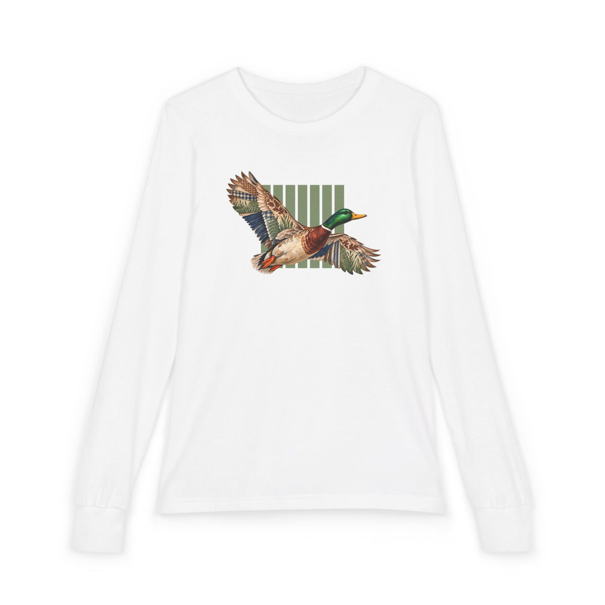 Mallard Duck Illustration Youth Long Sleeve Tee | Flying Duck, Nature Stripes