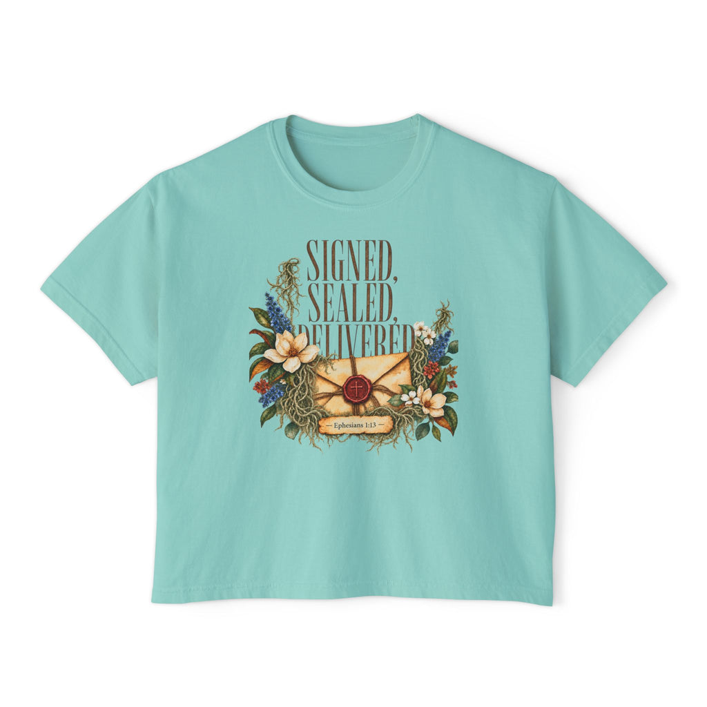 Christian Boxy Tee | vintage floral envelope, retro lettering