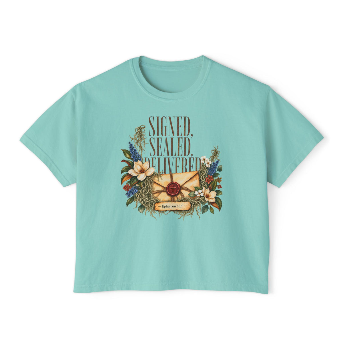 Christian Boxy Tee | vintage floral envelope, retro lettering