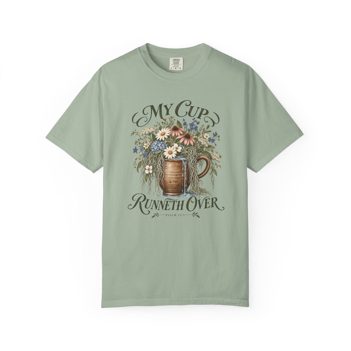 My Cup Runneth Over Floral T-Shirt — Vintage Floral Mug Graphic