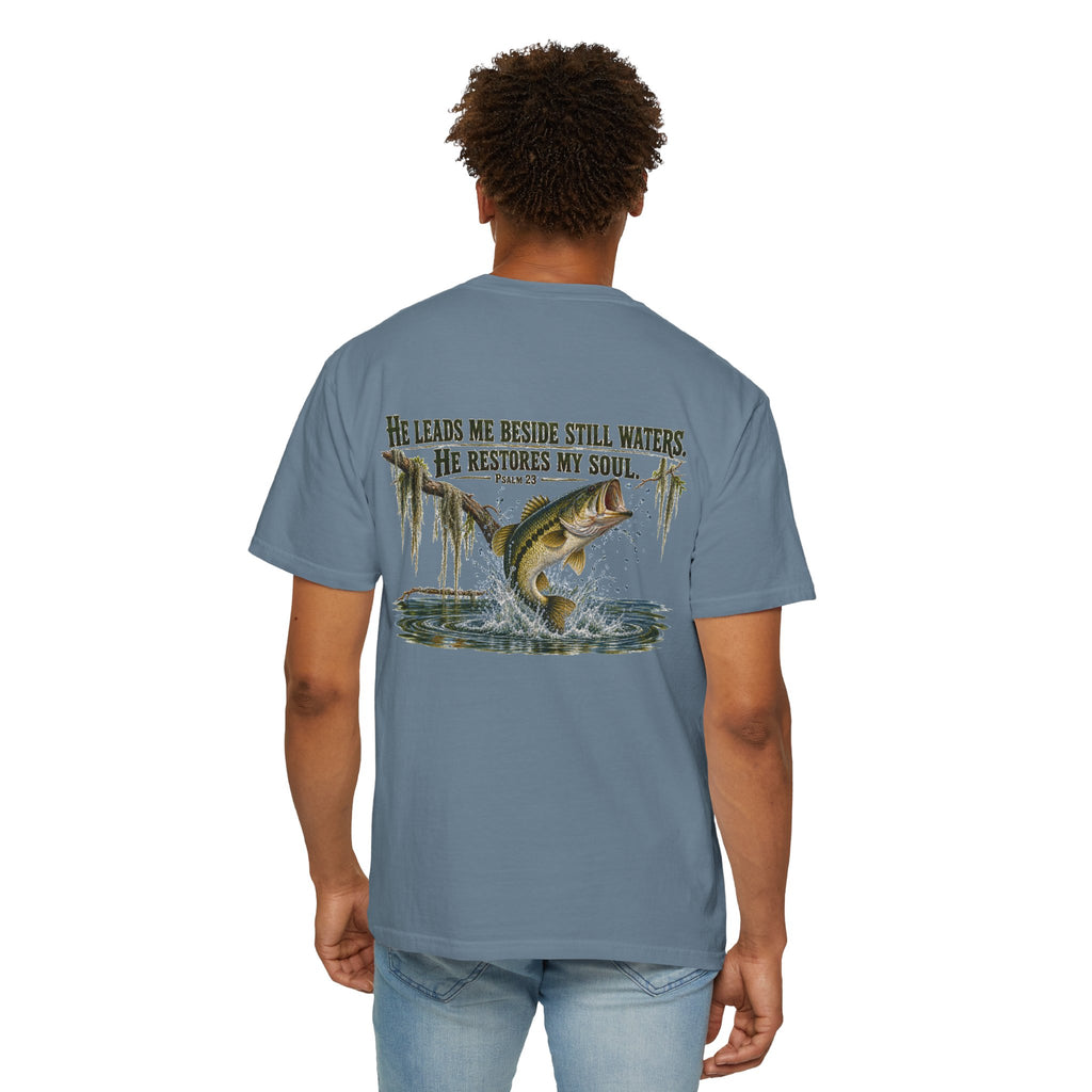 Fishing T-Shirt — "He Leads Me Beside Still Waters, He Restores My Soul" Christian Fish Graphic