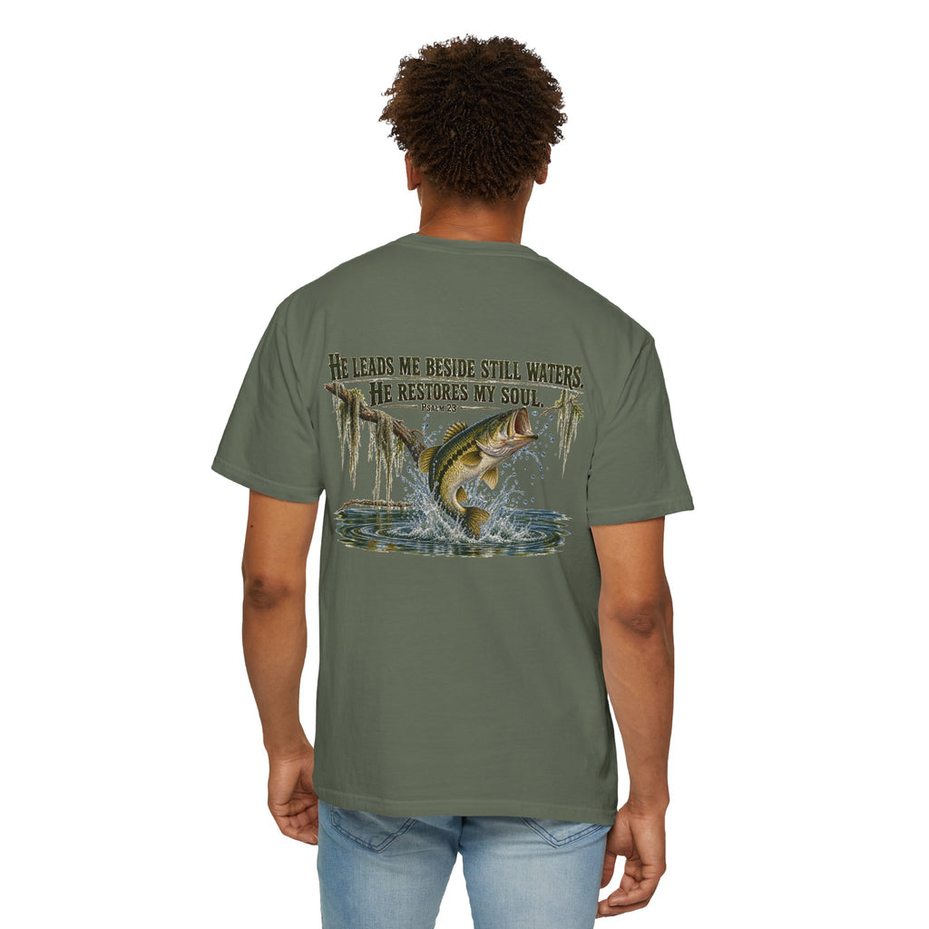 Fishing T-Shirt — "He Leads Me Beside Still Waters, He Restores My Soul" Christian Fish Graphic