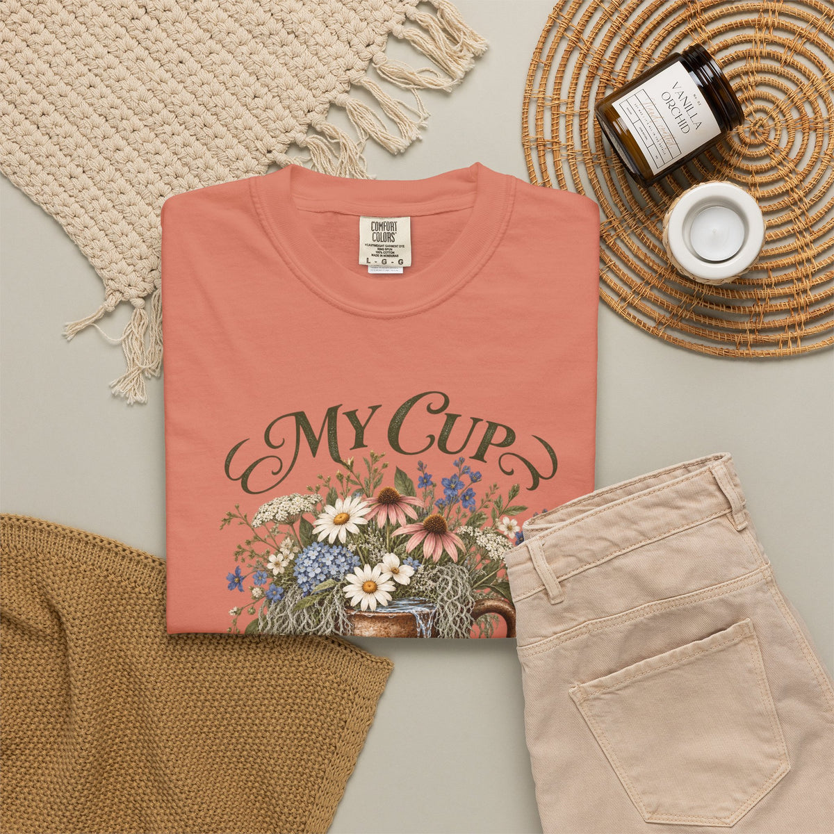 My Cup Runneth Over Floral T-Shirt — Vintage Floral Mug Graphic