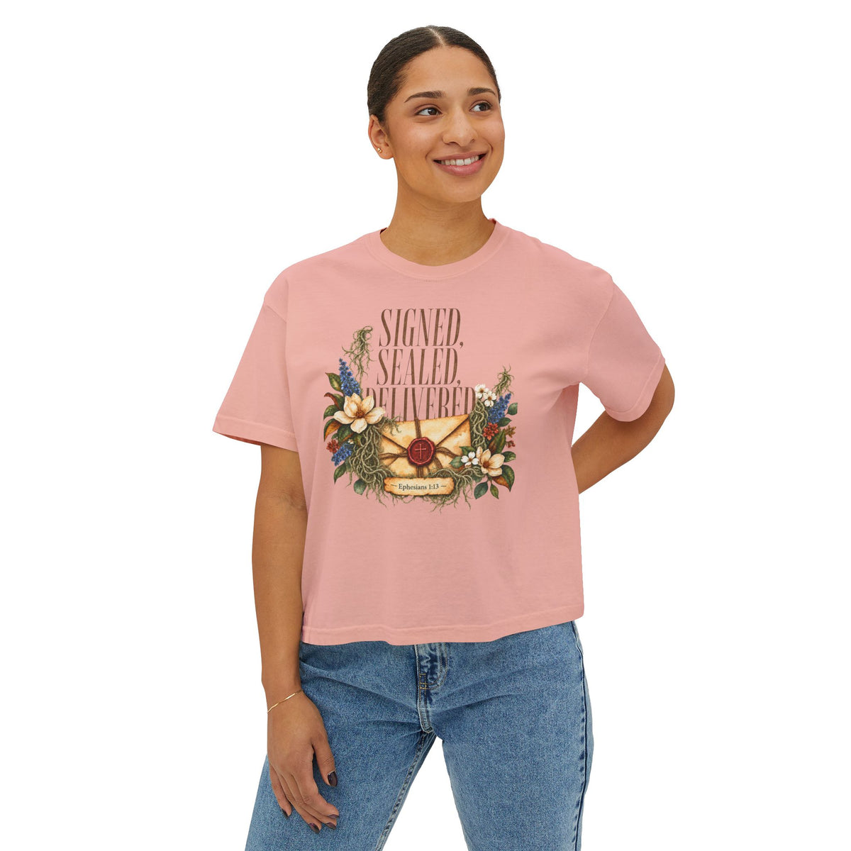 Christian Boxy Tee | vintage floral envelope, retro lettering