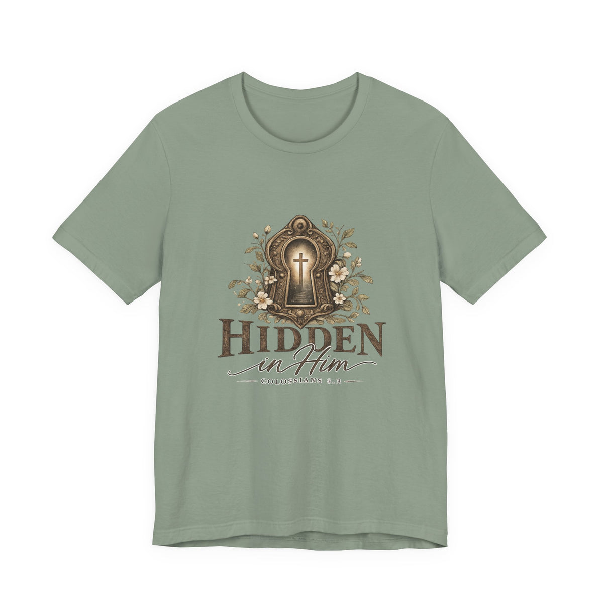 Hidden in Him T-Shirt — Christian Faith Keyhole Design (Colossians 3:3)