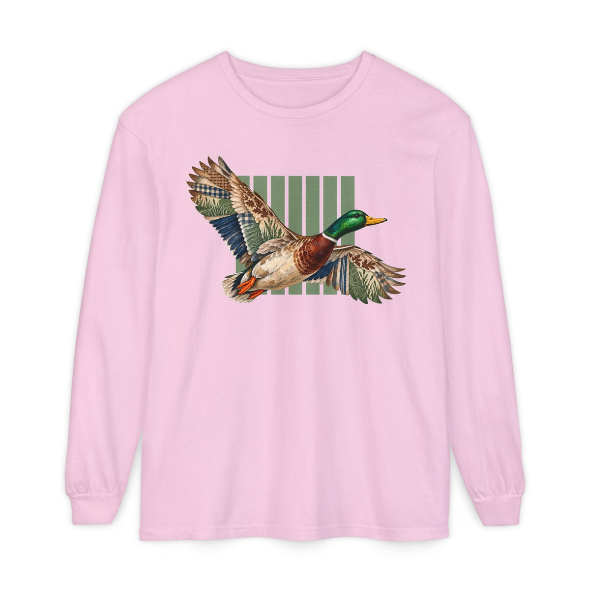 Mallard Duck Illustration Long Sleeve T-Shirt | Flying Duck Nature Tee