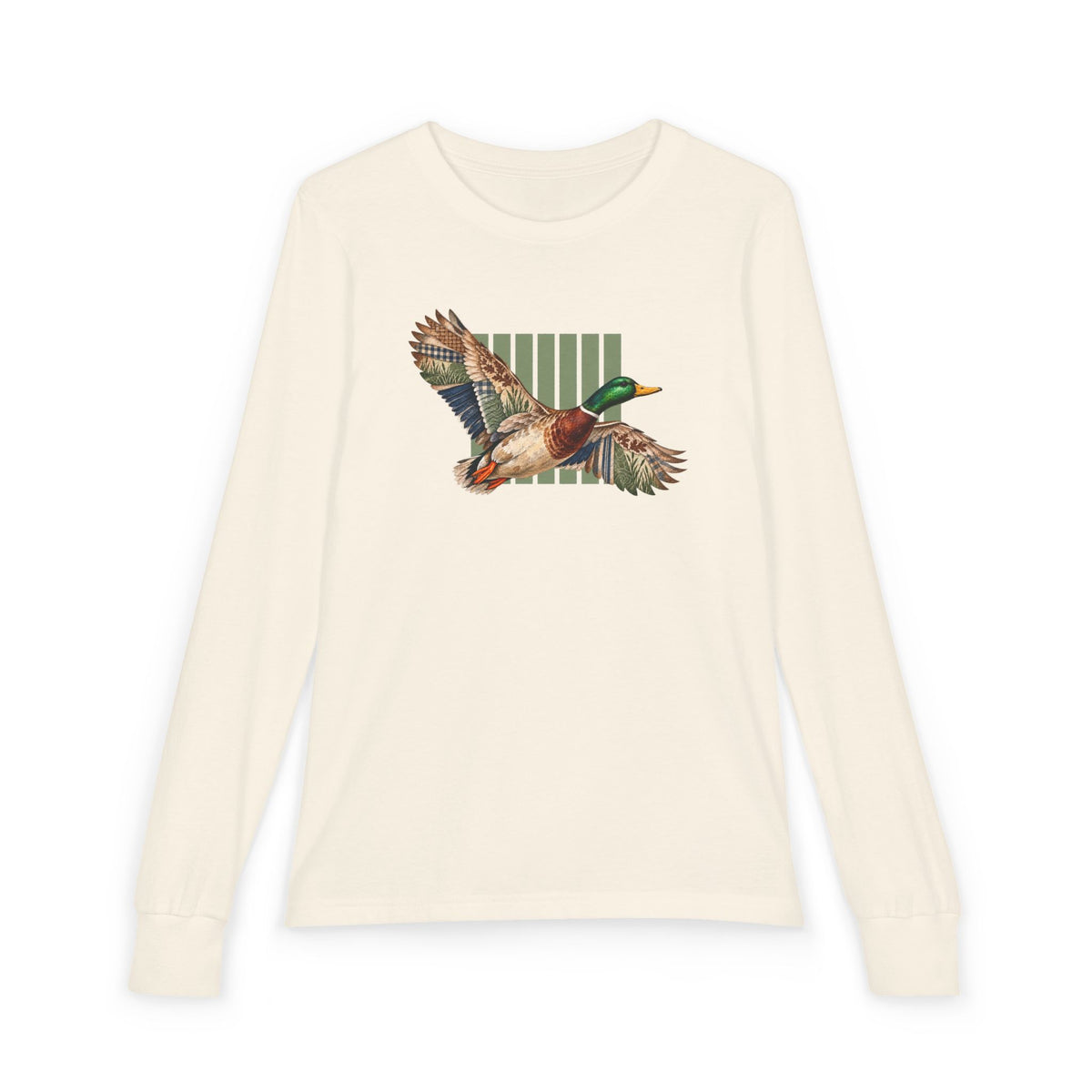 Mallard Duck Illustration Youth Long Sleeve Tee | Flying Duck, Nature Stripes
