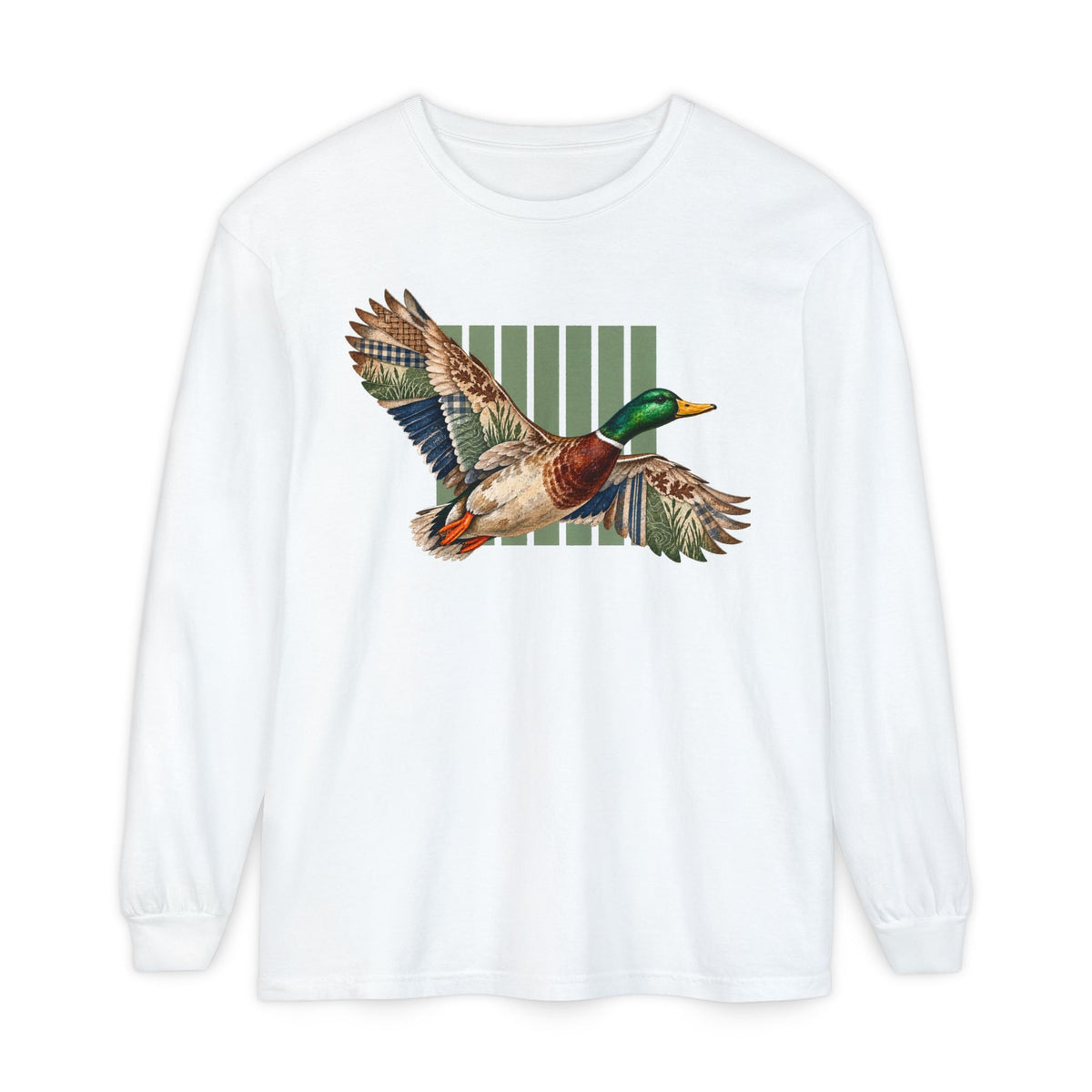 Mallard Duck Illustration Long Sleeve T-Shirt | Flying Duck Nature Tee