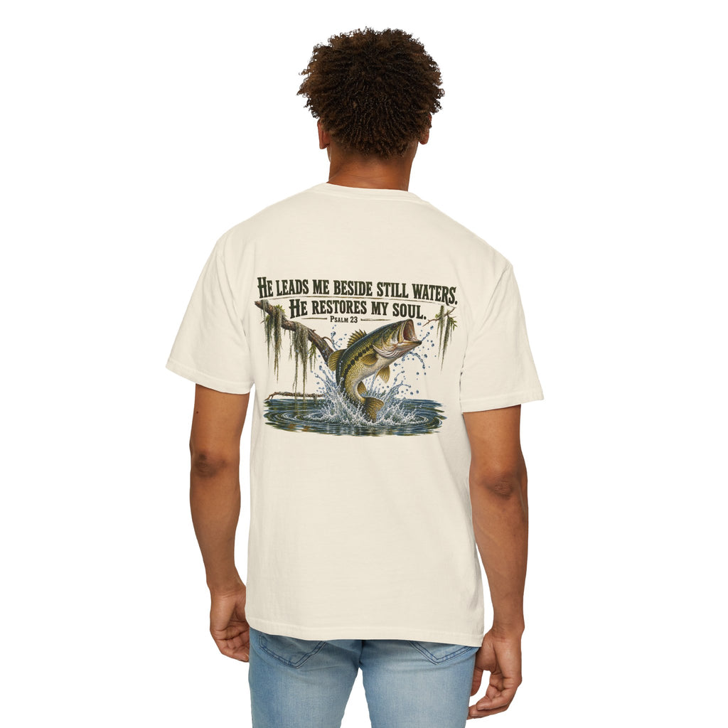 Fishing T-Shirt — "He Leads Me Beside Still Waters, He Restores My Soul" Christian Fish Graphic