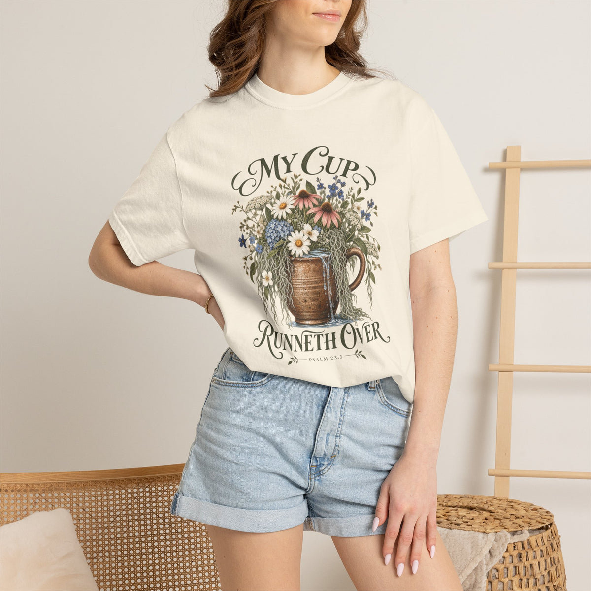 My Cup Runneth Over Floral T-Shirt — Vintage Floral Mug Graphic