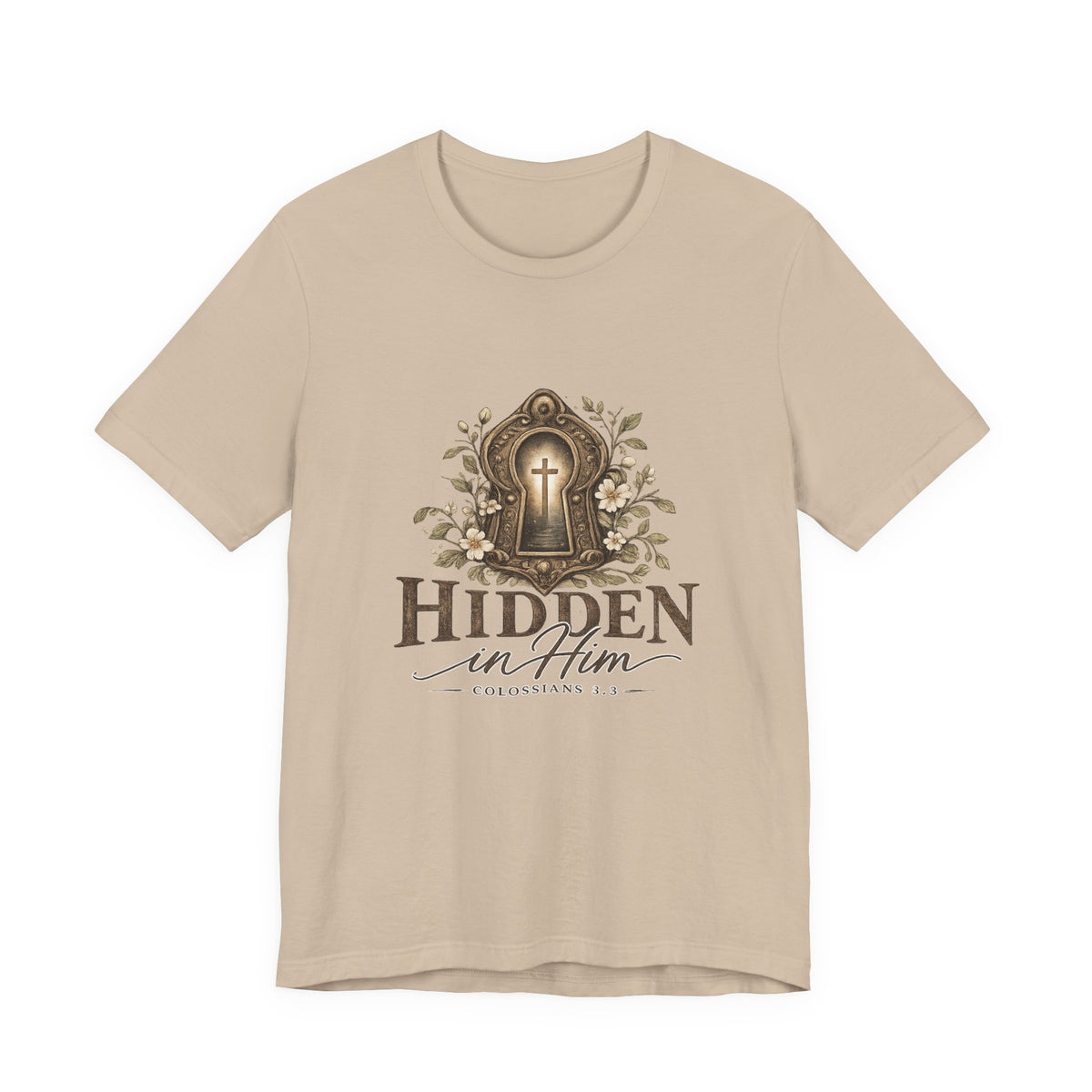 Hidden in Him T-Shirt — Christian Faith Keyhole Design (Colossians 3:3)