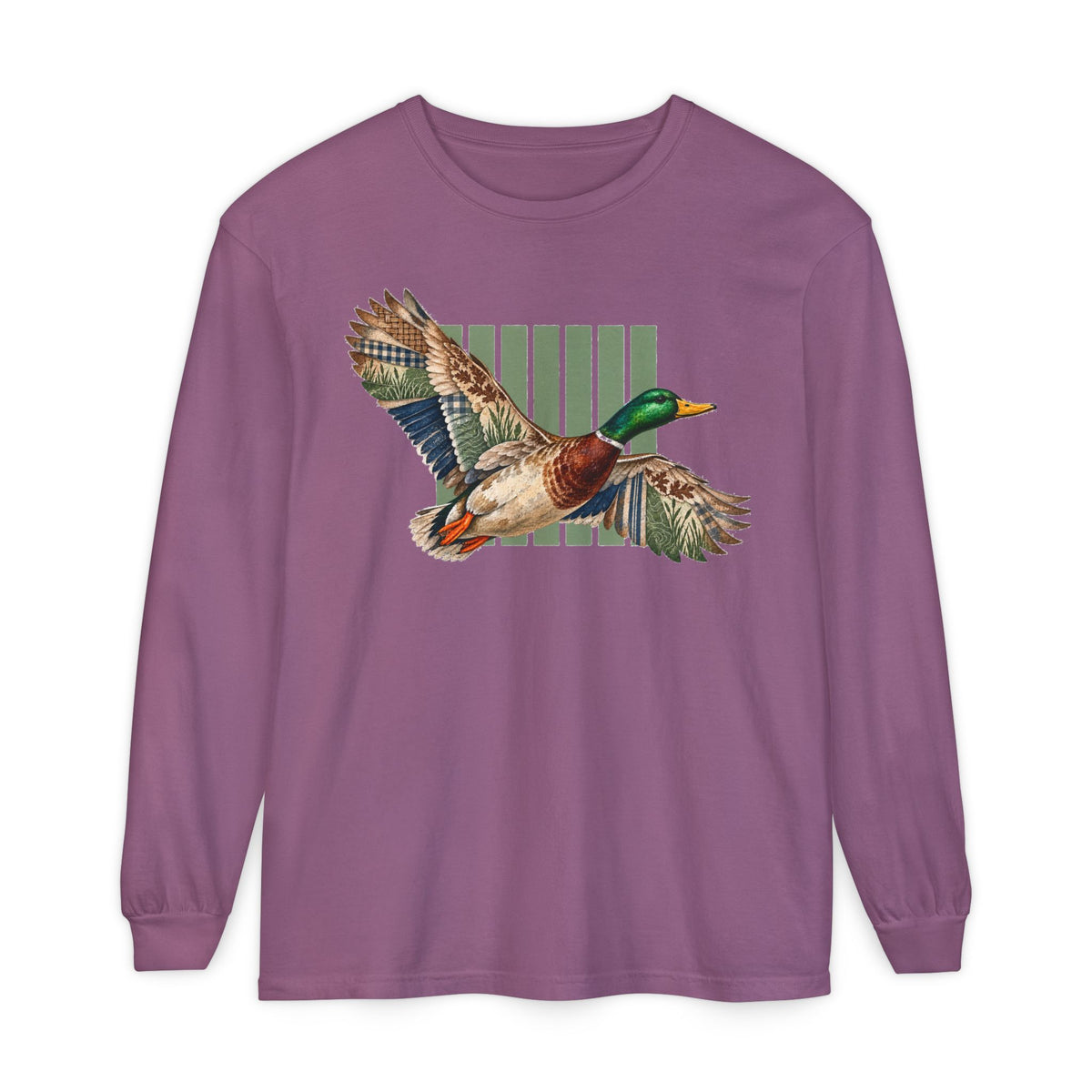 Mallard Duck Illustration Long Sleeve T-Shirt | Flying Duck Nature Tee