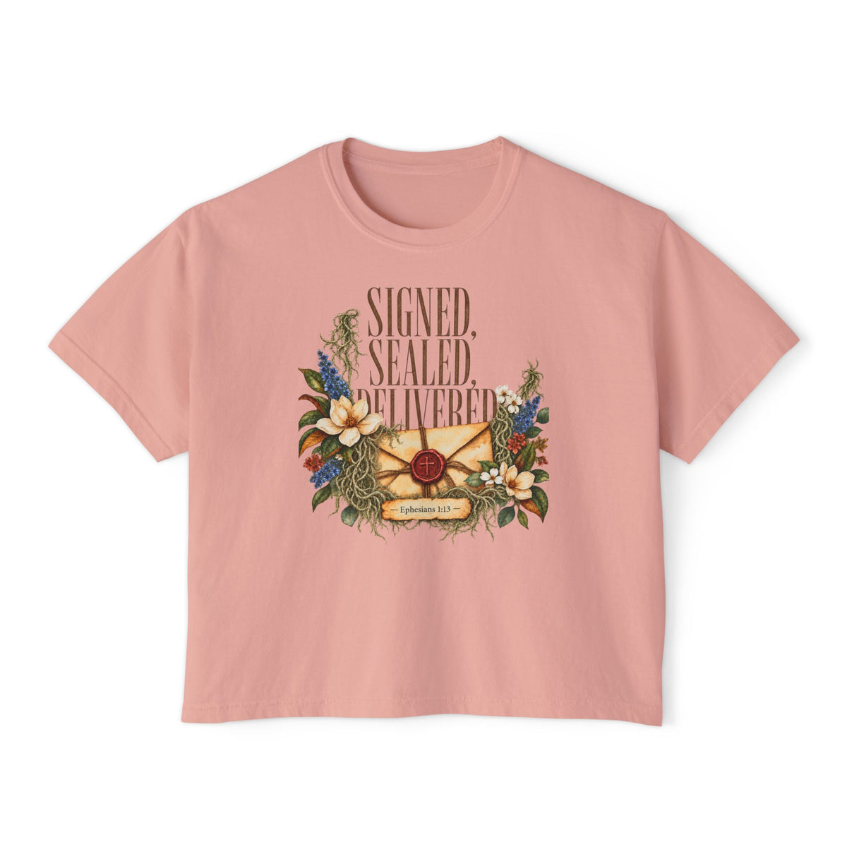 Christian Boxy Tee | vintage floral envelope, retro lettering