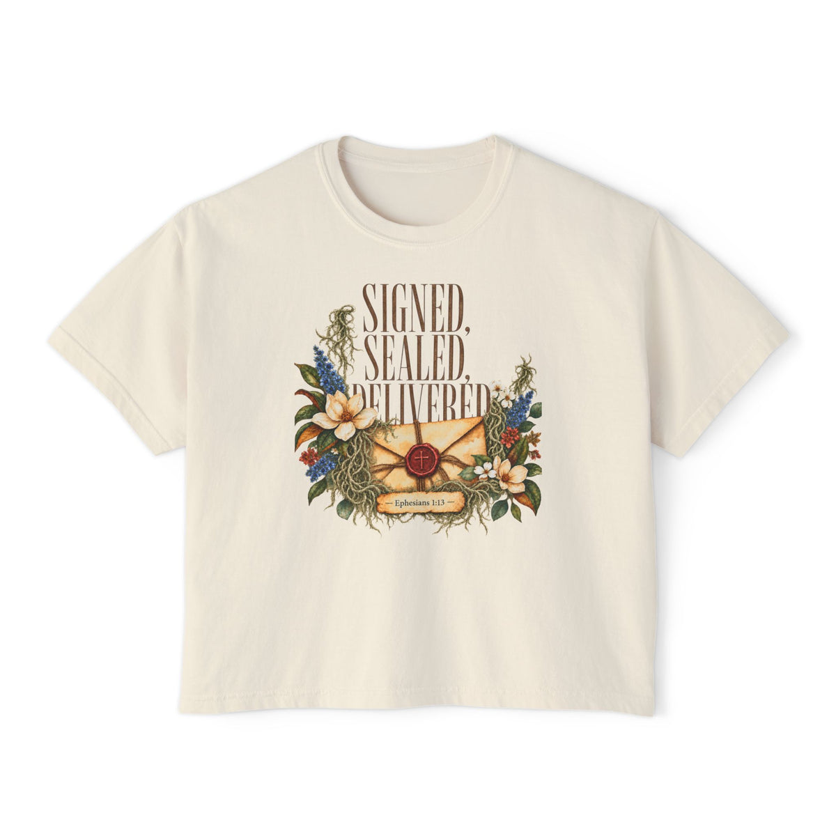 Christian Boxy Tee | vintage floral envelope, retro lettering