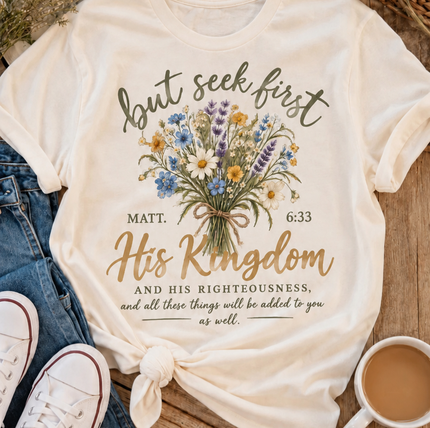 But Seek First His Kingdom Floral Christian Tee
