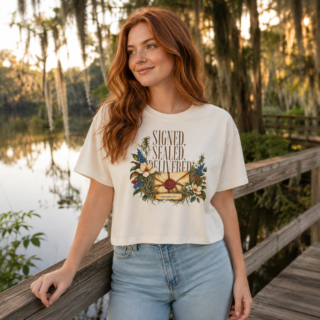 Christian Boxy Tee | vintage floral envelope, retro lettering