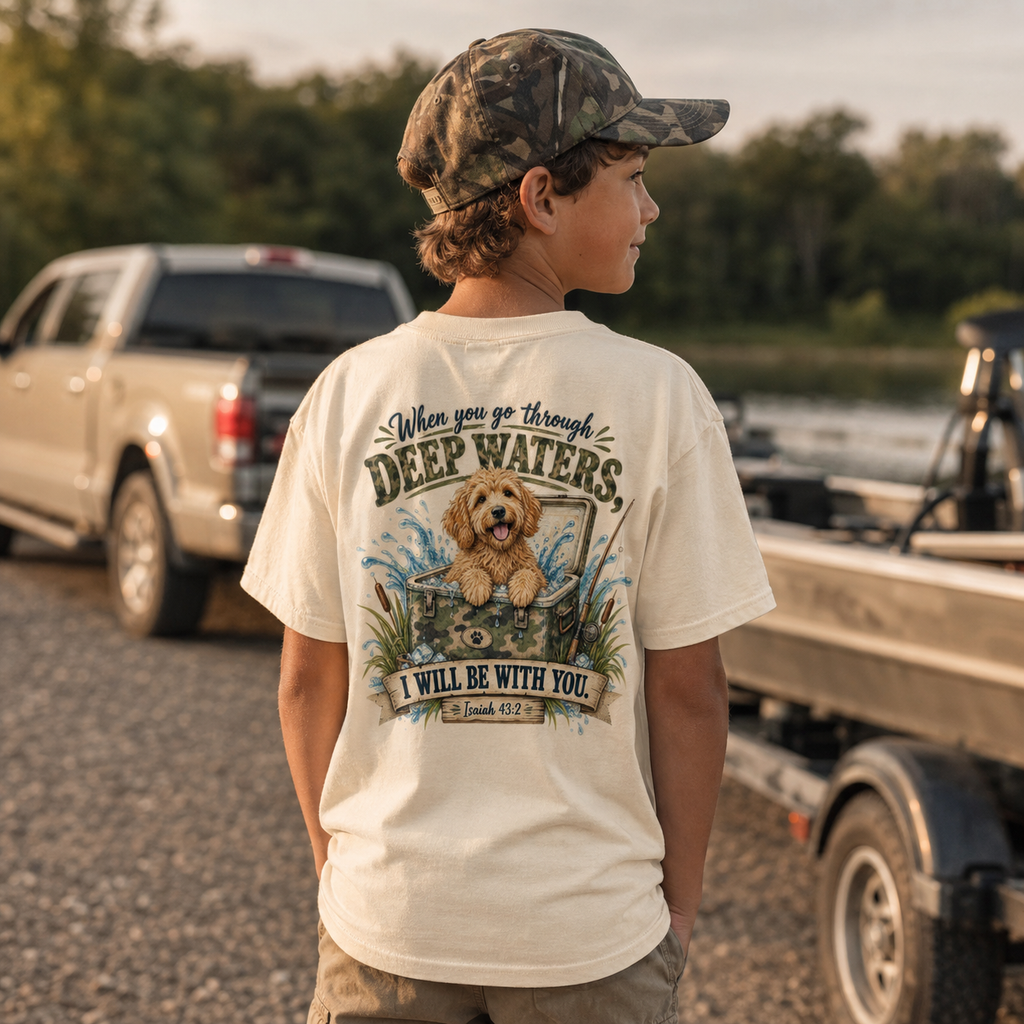 Boys Tee — 'When You Go Through Deep Waters' Dog Faith Graphic