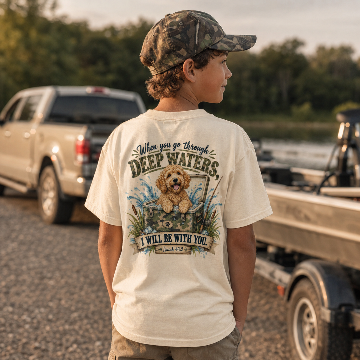 Boys Tee — 'When You Go Through Deep Waters' Dog Faith Graphic