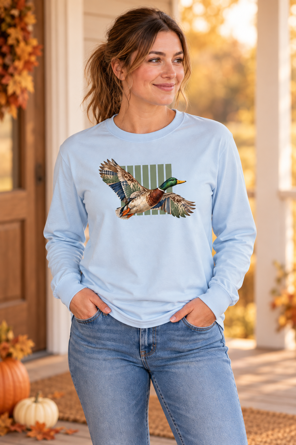 Mallard Duck Illustration Long Sleeve T-Shirt | Flying Duck Nature Tee