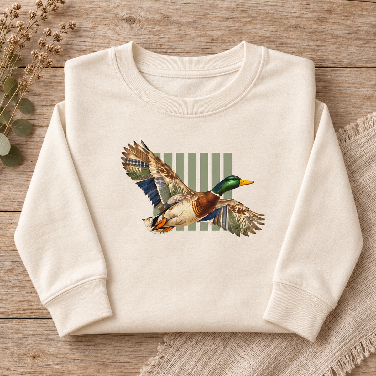 Mallard Duck Illustration Youth Long Sleeve Tee | Flying Duck, Nature Stripes