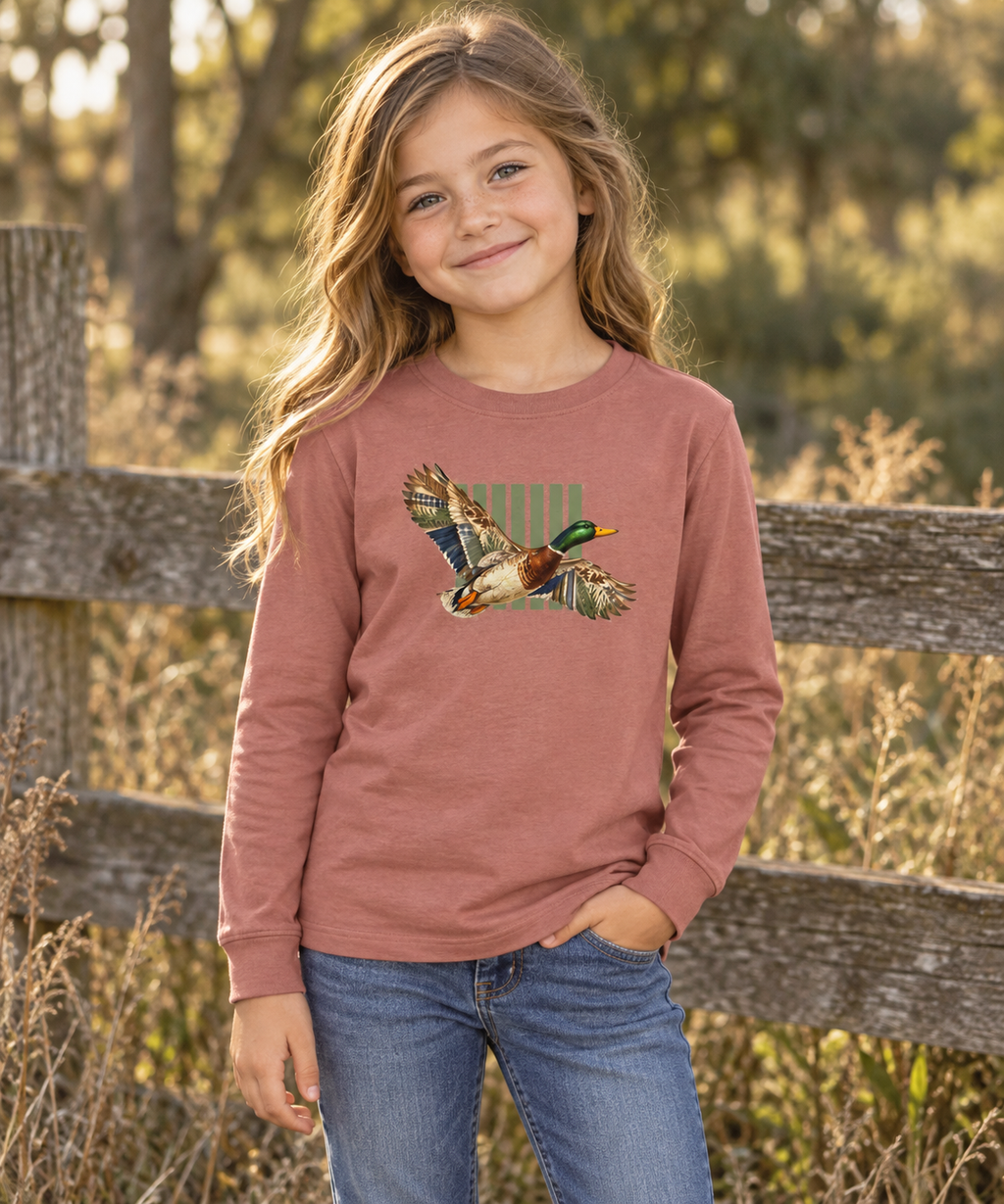 Mallard Duck Illustration Youth Long Sleeve Tee | Flying Duck, Nature Stripes