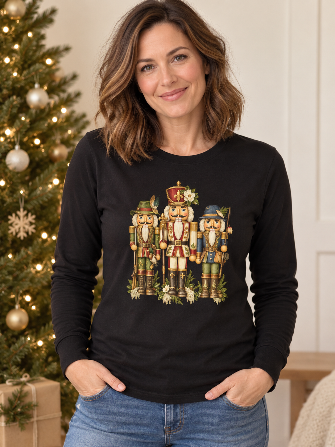 Vintage Nutcracker Soldiers Long Sleeve Tee | Holiday Ornament Trio