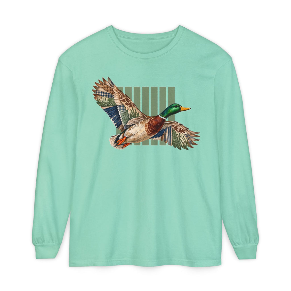 Mallard Duck Illustration Long Sleeve T-Shirt | Flying Duck Nature Tee
