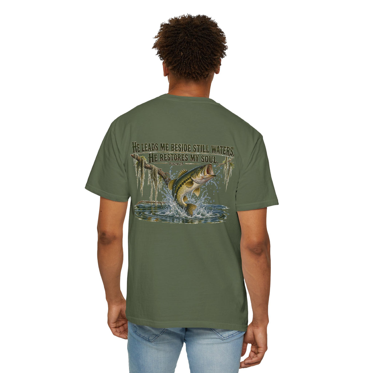 Fishing T-Shirt — "He Leads Me Beside Still Waters, He Restores My Soul" Christian Fish Graphic
