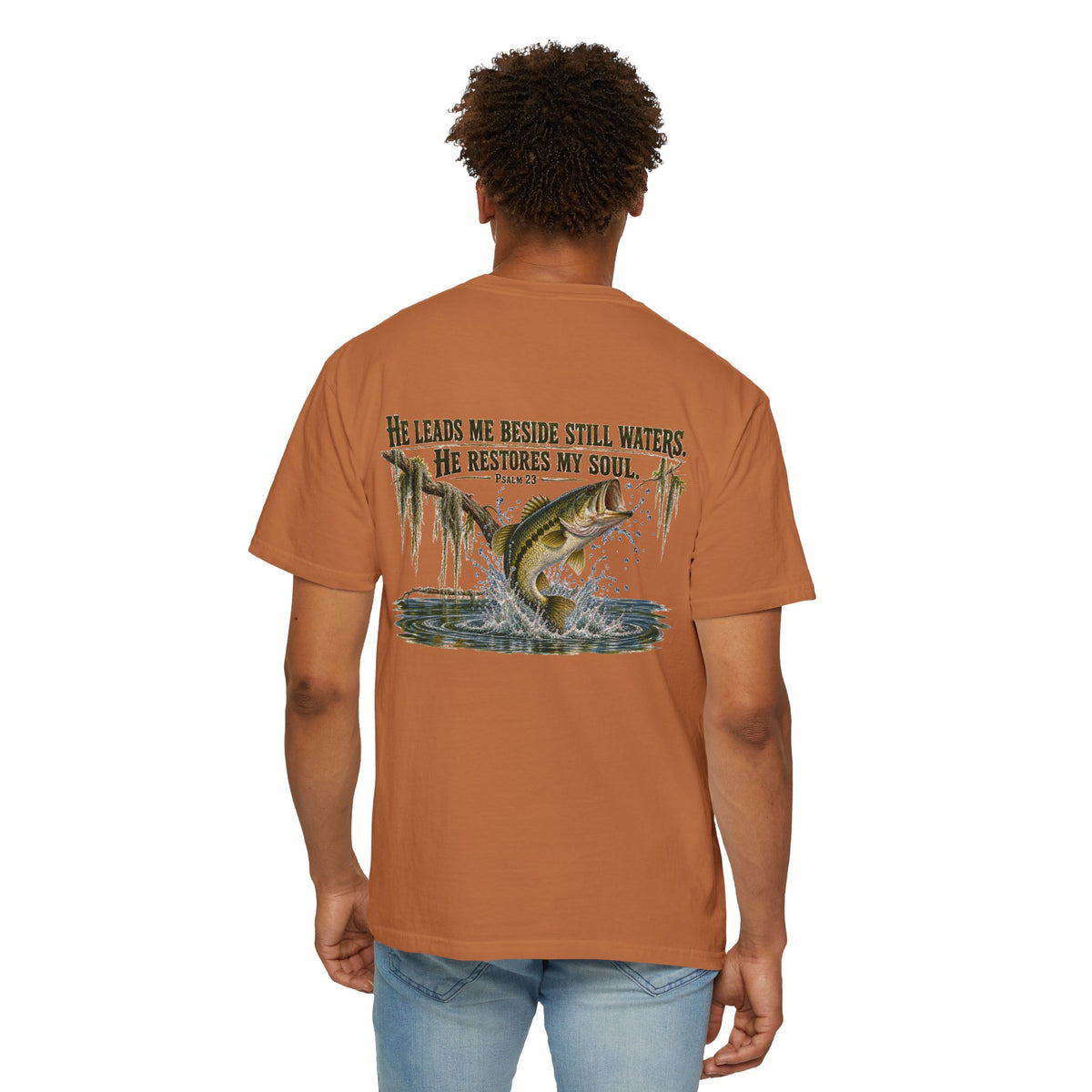 Fishing T-Shirt — "He Leads Me Beside Still Waters, He Restores My Soul" Christian Fish Graphic