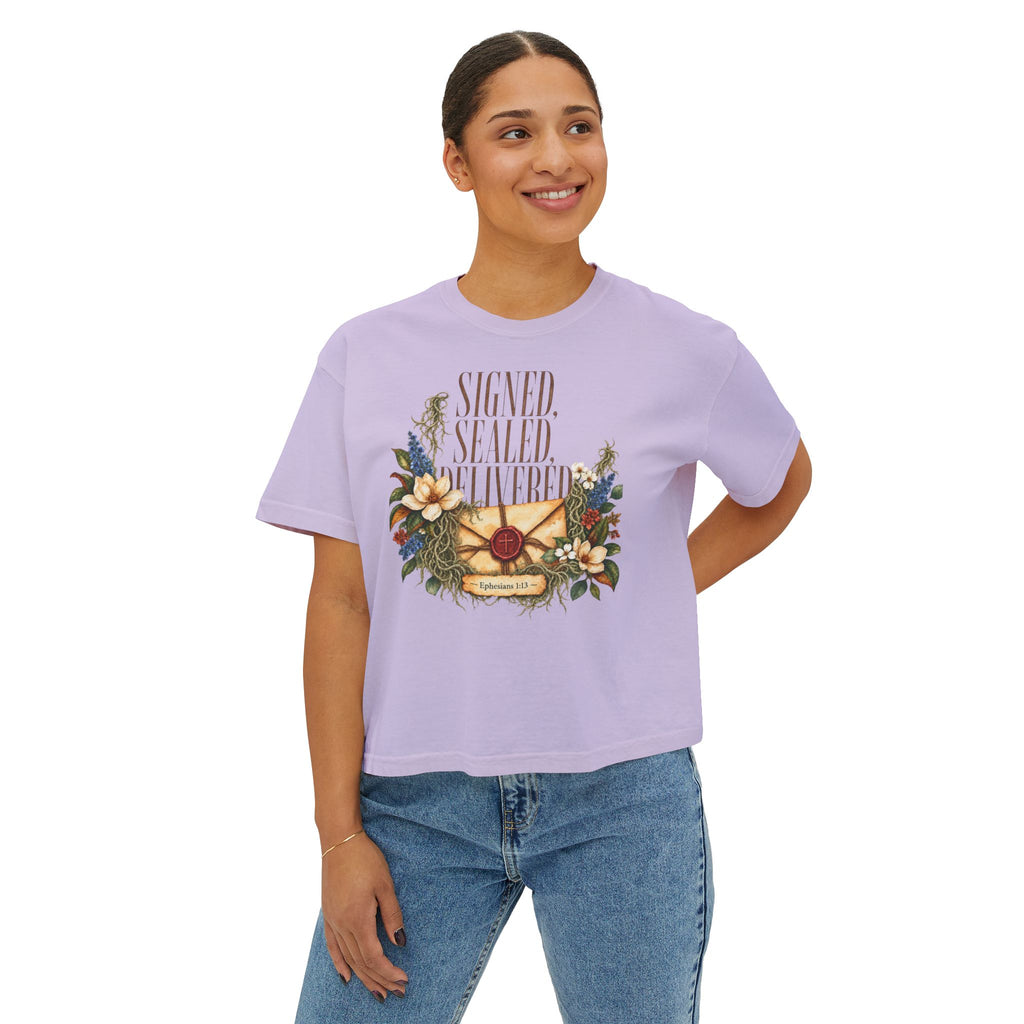 Christian Boxy Tee | vintage floral envelope, retro lettering