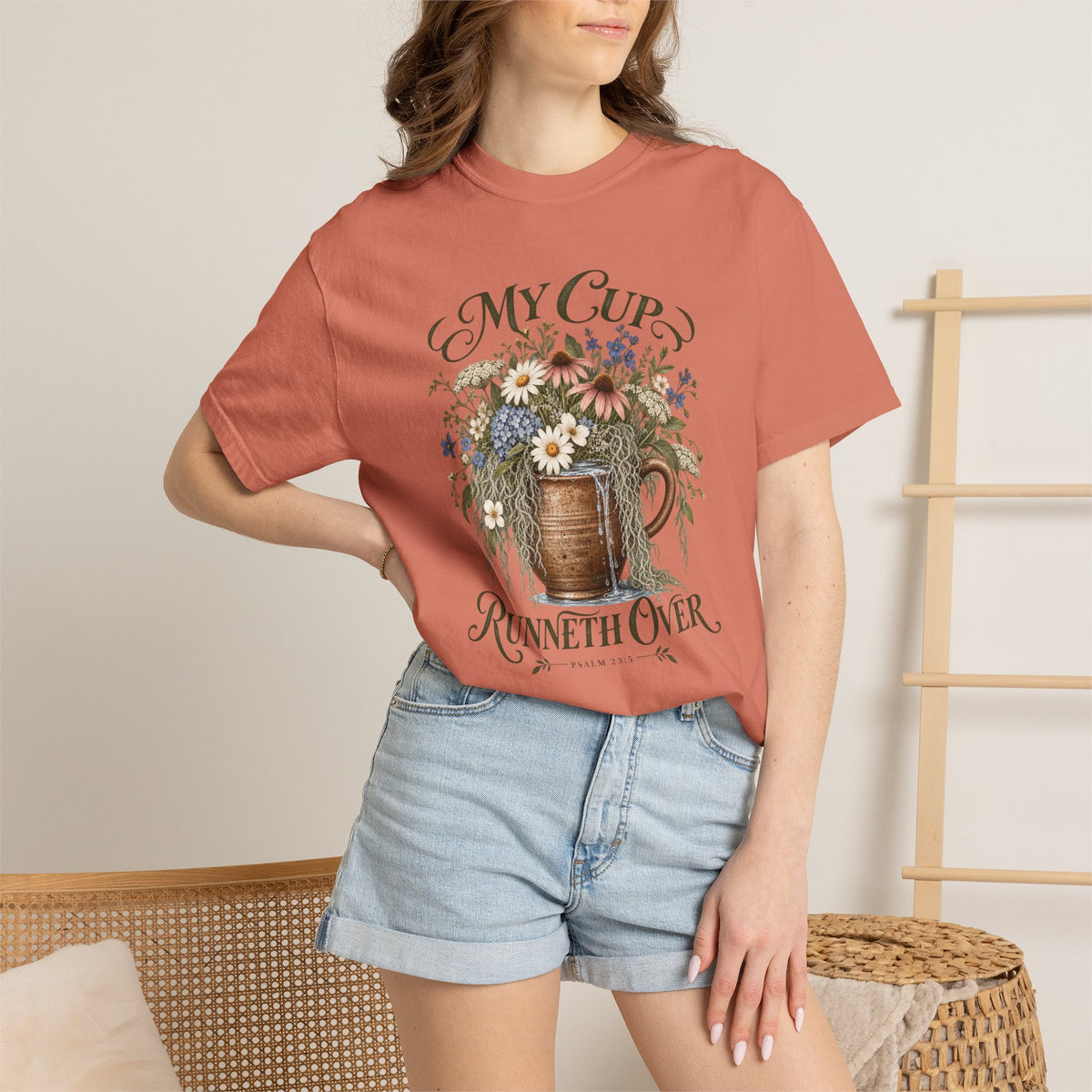 My Cup Runneth Over Floral T-Shirt — Vintage Floral Mug Graphic