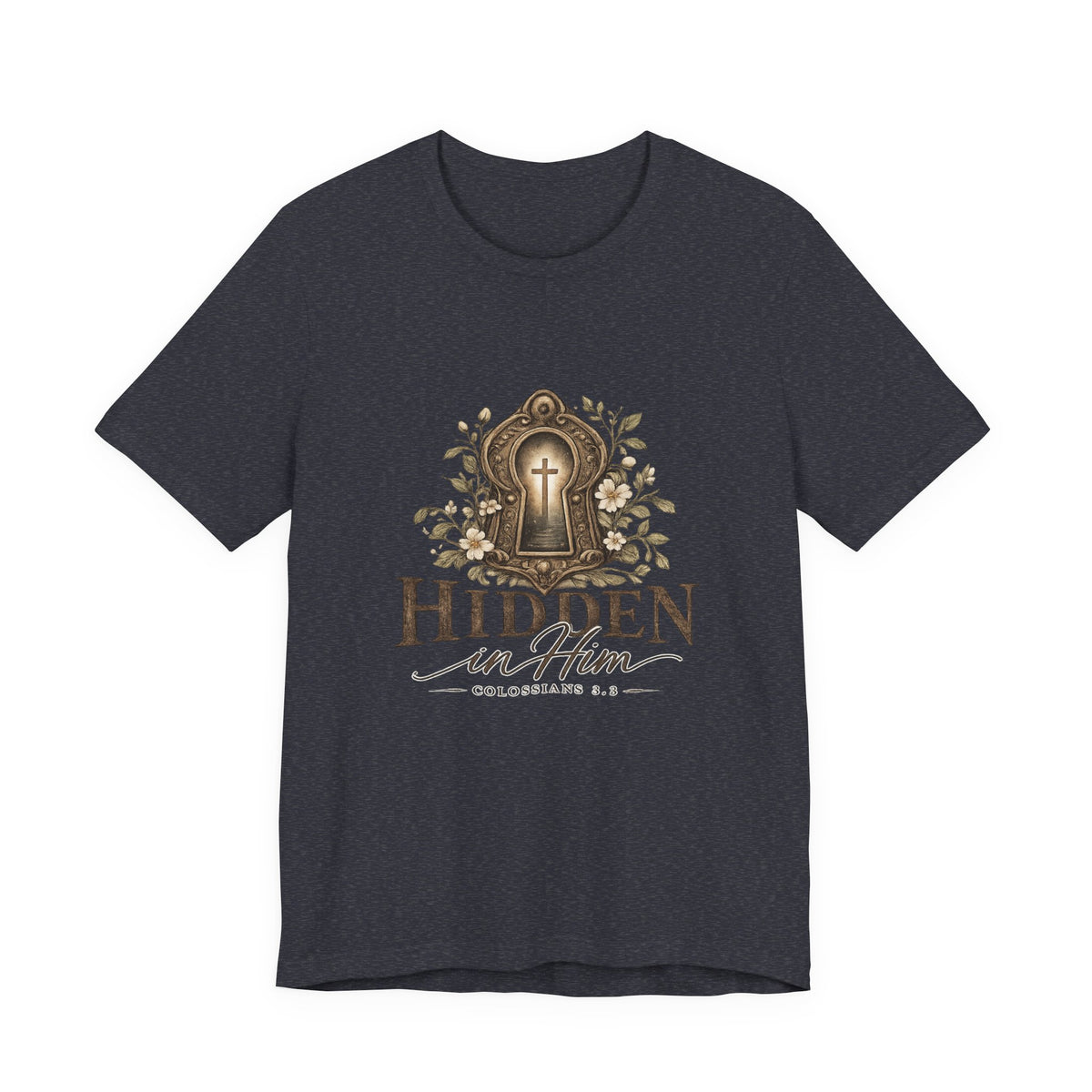 Hidden in Him T-Shirt — Christian Faith Keyhole Design (Colossians 3:3)