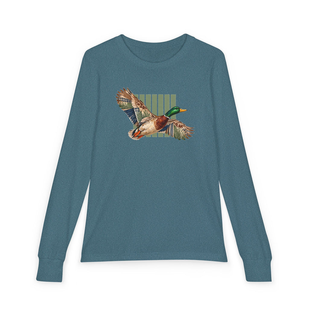 Mallard Duck Illustration Youth Long Sleeve Tee | Flying Duck, Nature Stripes