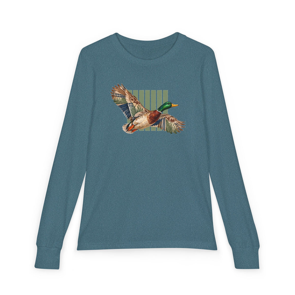 Mallard Duck Illustration Youth Long Sleeve Tee | Flying Duck, Nature Stripes