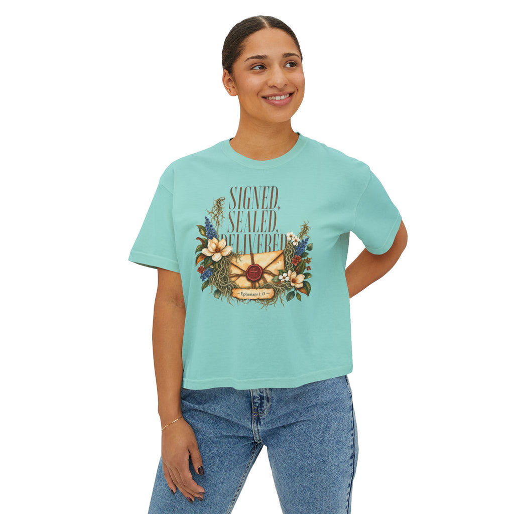 Christian Boxy Tee | vintage floral envelope, retro lettering