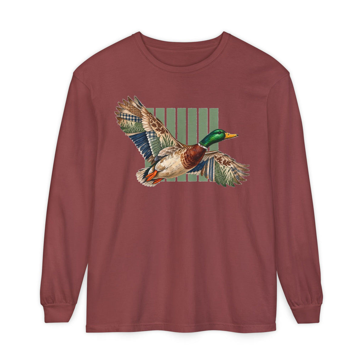 Mallard Duck Illustration Long Sleeve T-Shirt | Flying Duck Nature Tee