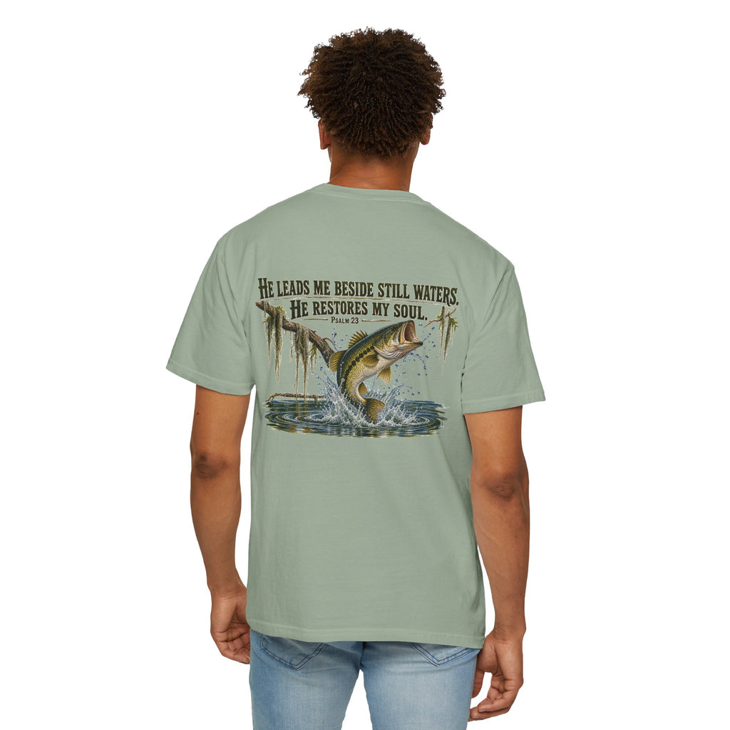Fishing T-Shirt — "He Leads Me Beside Still Waters, He Restores My Soul" Christian Fish Graphic