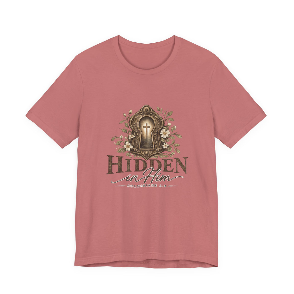 Hidden in Him T-Shirt — Christian Faith Keyhole Design (Colossians 3:3)