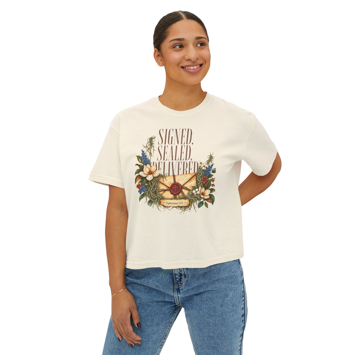 Christian Boxy Tee | vintage floral envelope, retro lettering