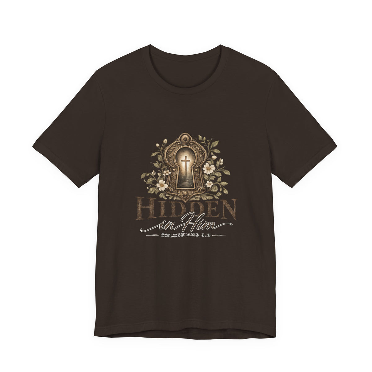 Hidden in Him T-Shirt — Christian Faith Keyhole Design (Colossians 3:3)