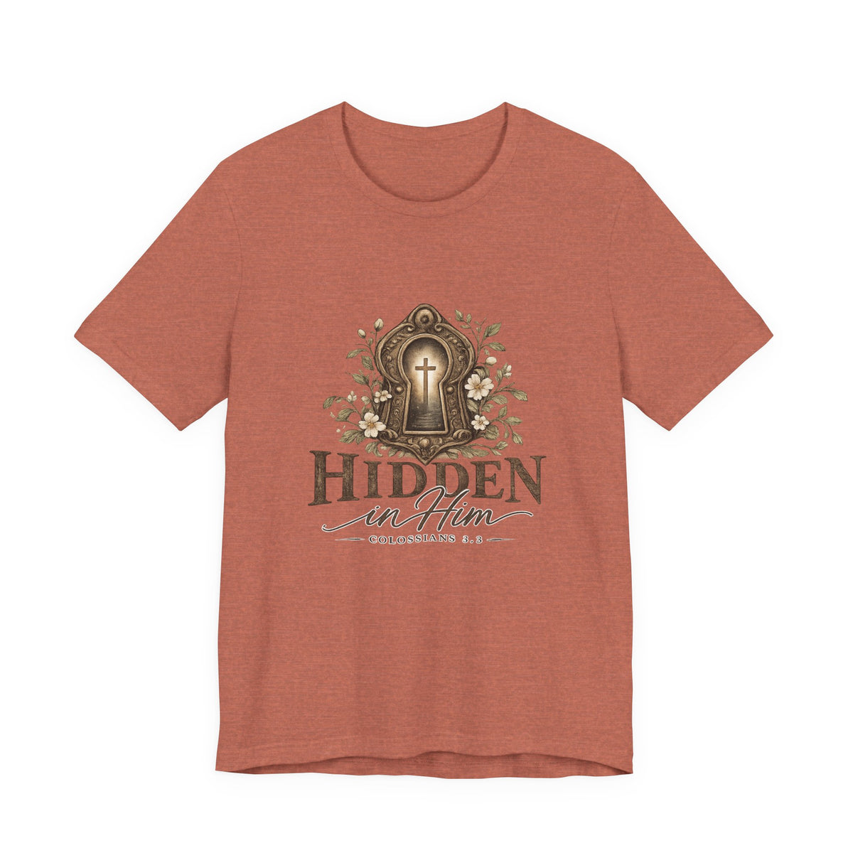 Hidden in Him T-Shirt — Christian Faith Keyhole Design (Colossians 3:3)