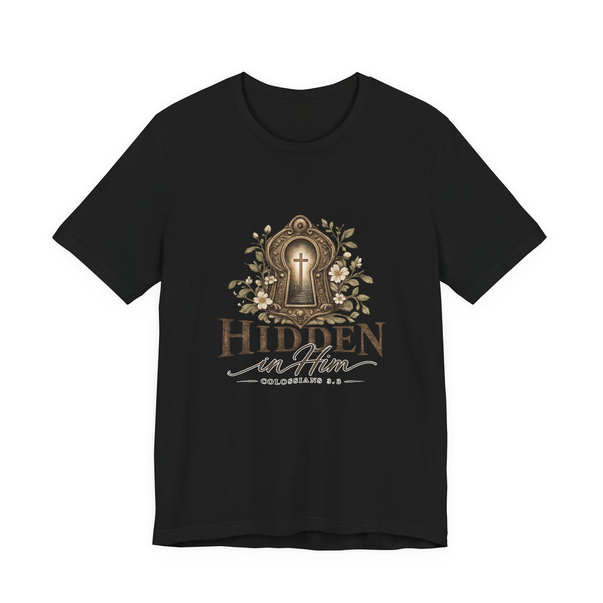 Hidden in Him T-Shirt — Christian Faith Keyhole Design (Colossians 3:3)