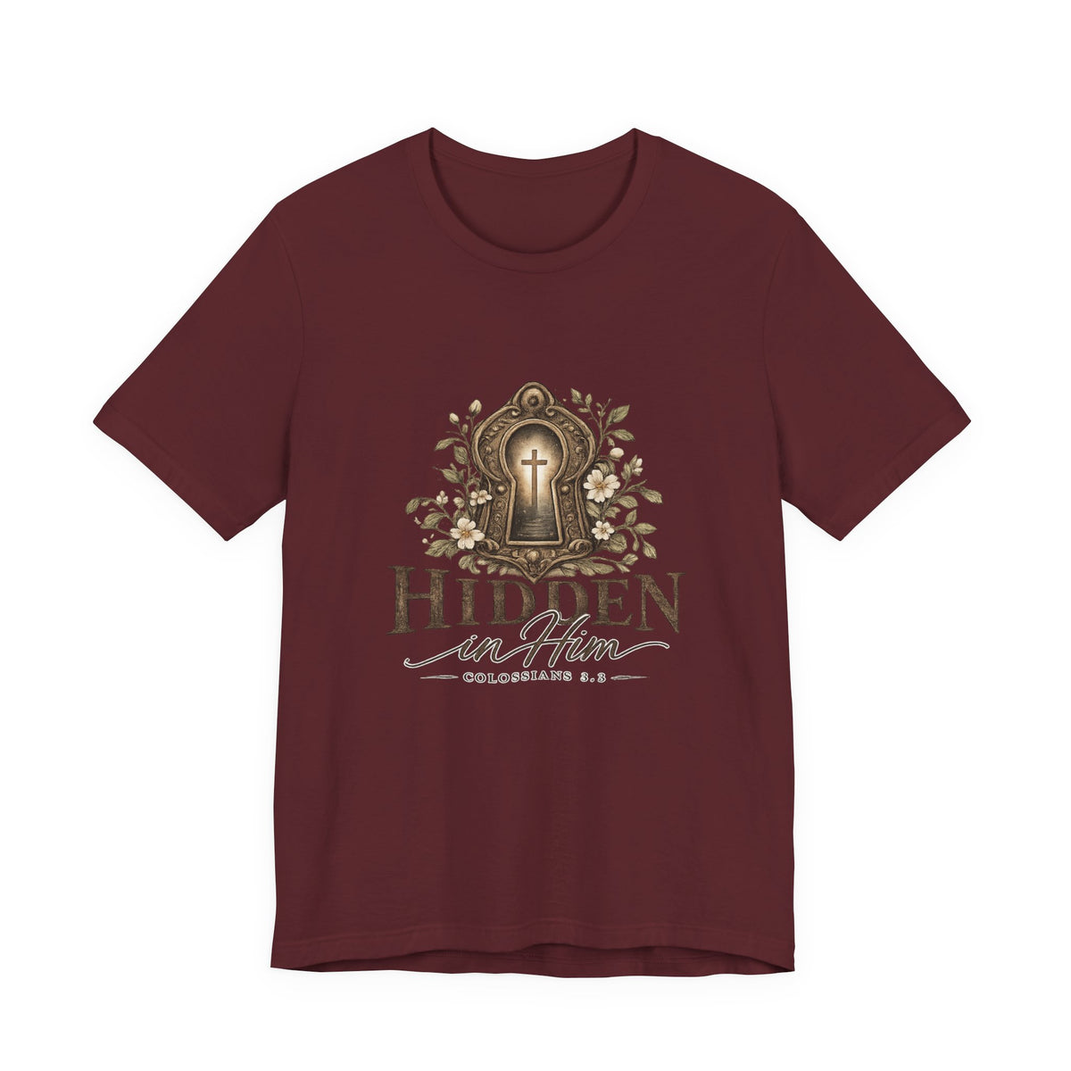 Hidden in Him T-Shirt — Christian Faith Keyhole Design (Colossians 3:3)