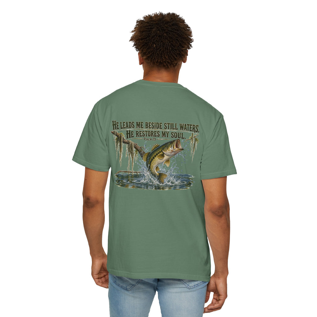 Fishing T-Shirt — "He Leads Me Beside Still Waters, He Restores My Soul" Christian Fish Graphic