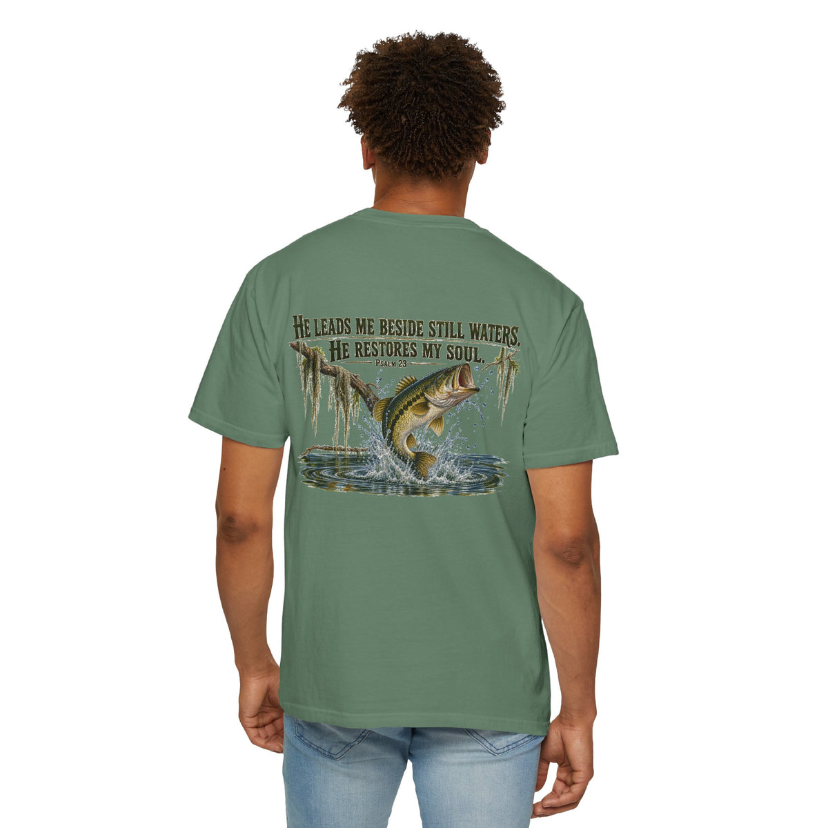 Fishing T-Shirt — "He Leads Me Beside Still Waters, He Restores My Soul" Christian Fish Graphic