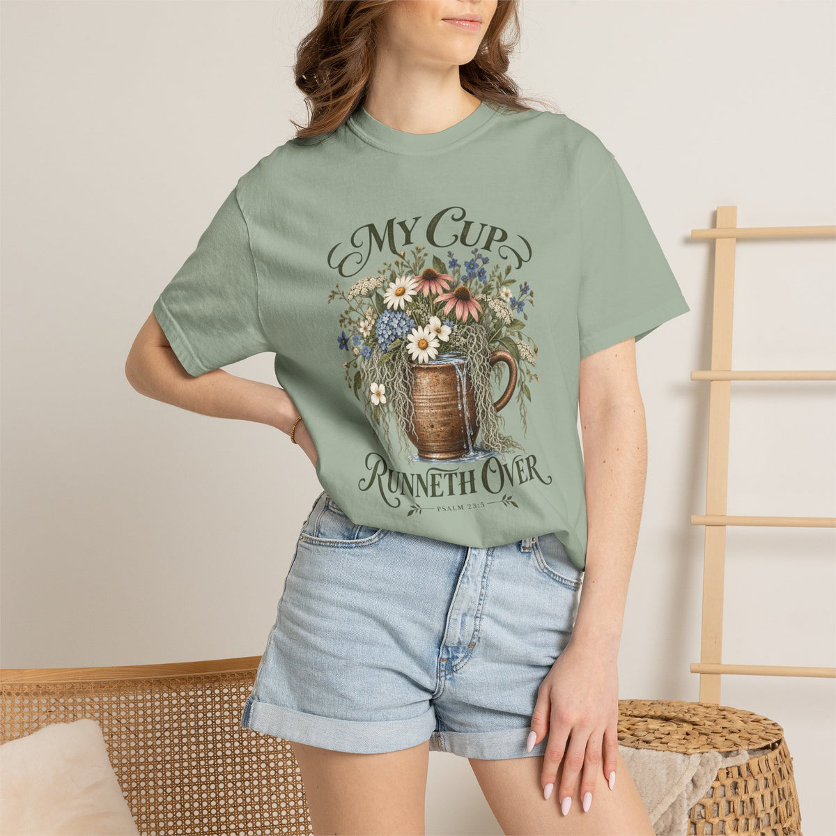 My Cup Runneth Over Floral T-Shirt — Vintage Floral Mug Graphic