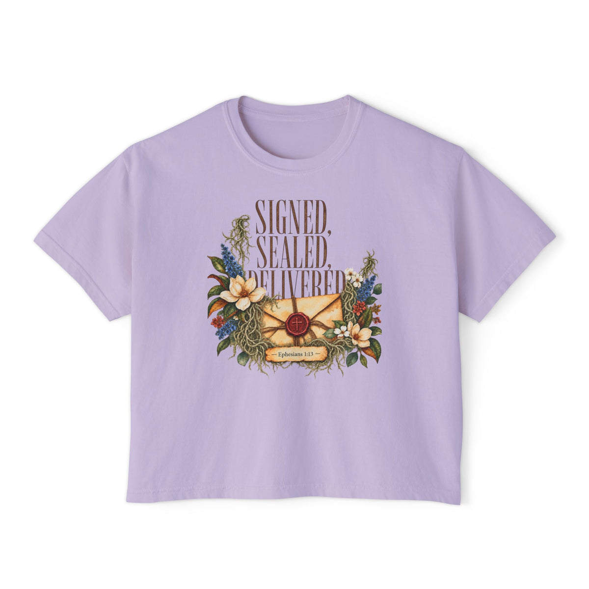 Christian Boxy Tee | vintage floral envelope, retro lettering