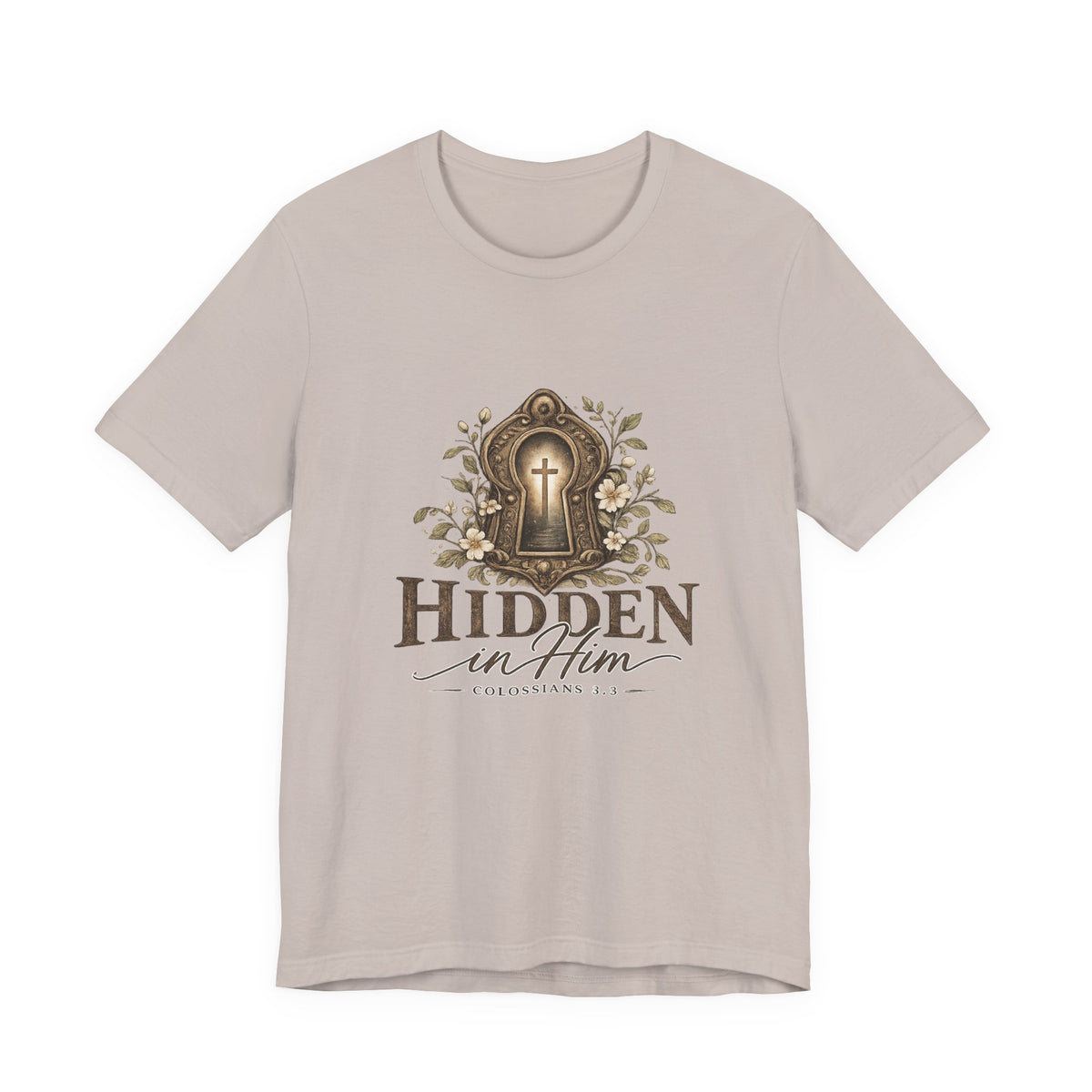 Hidden in Him T-Shirt — Christian Faith Keyhole Design (Colossians 3:3)