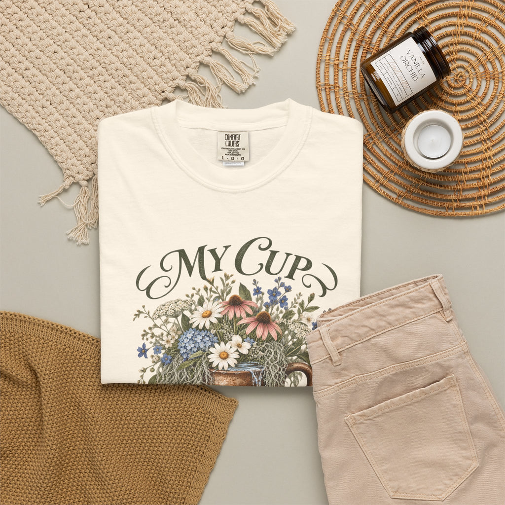 My Cup Runneth Over Floral T-Shirt — Vintage Floral Mug Graphic