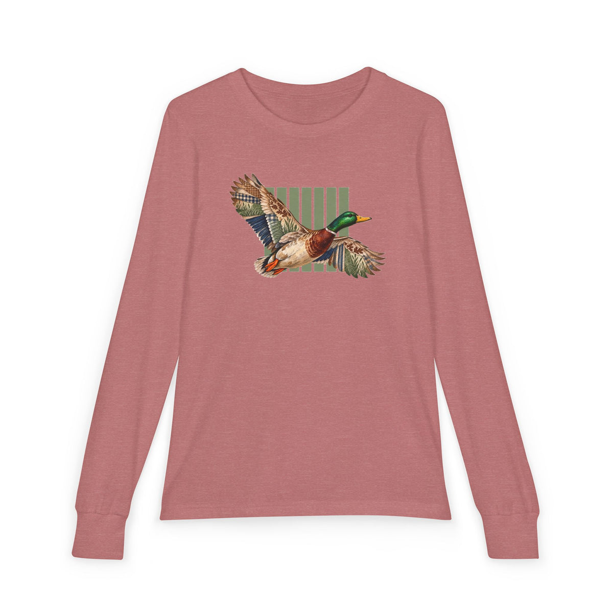 Mallard Duck Illustration Youth Long Sleeve Tee | Flying Duck, Nature Stripes